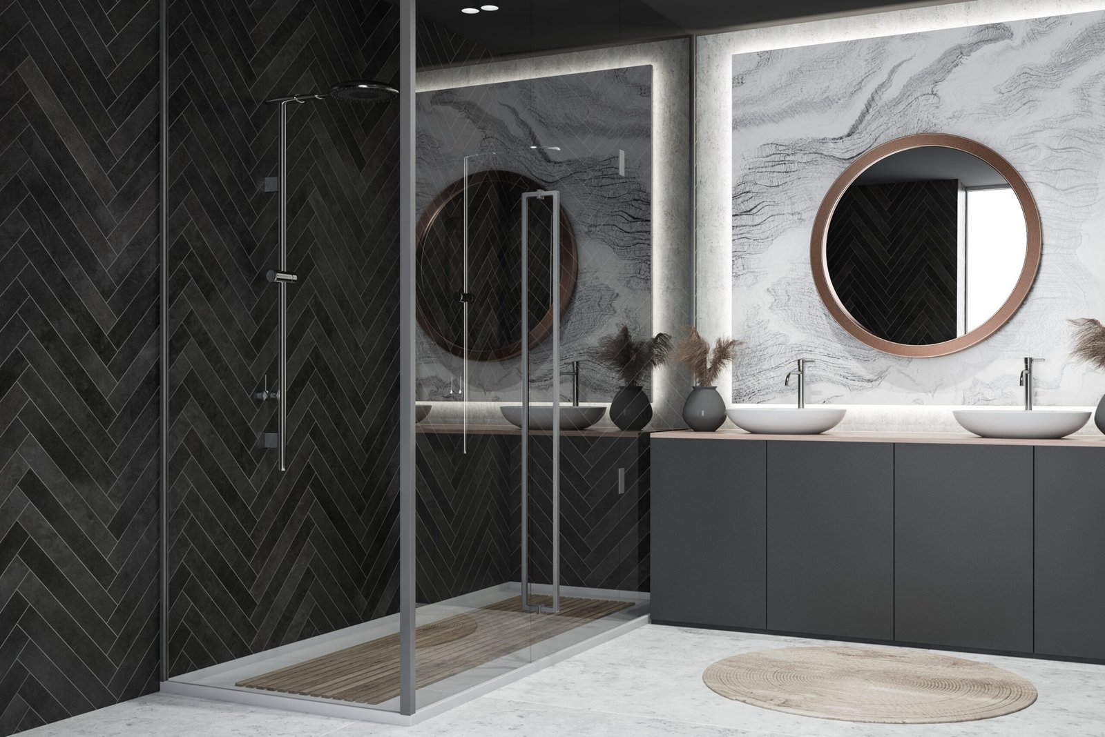Modern design bathroom interior with circle mirror. 3d rendering